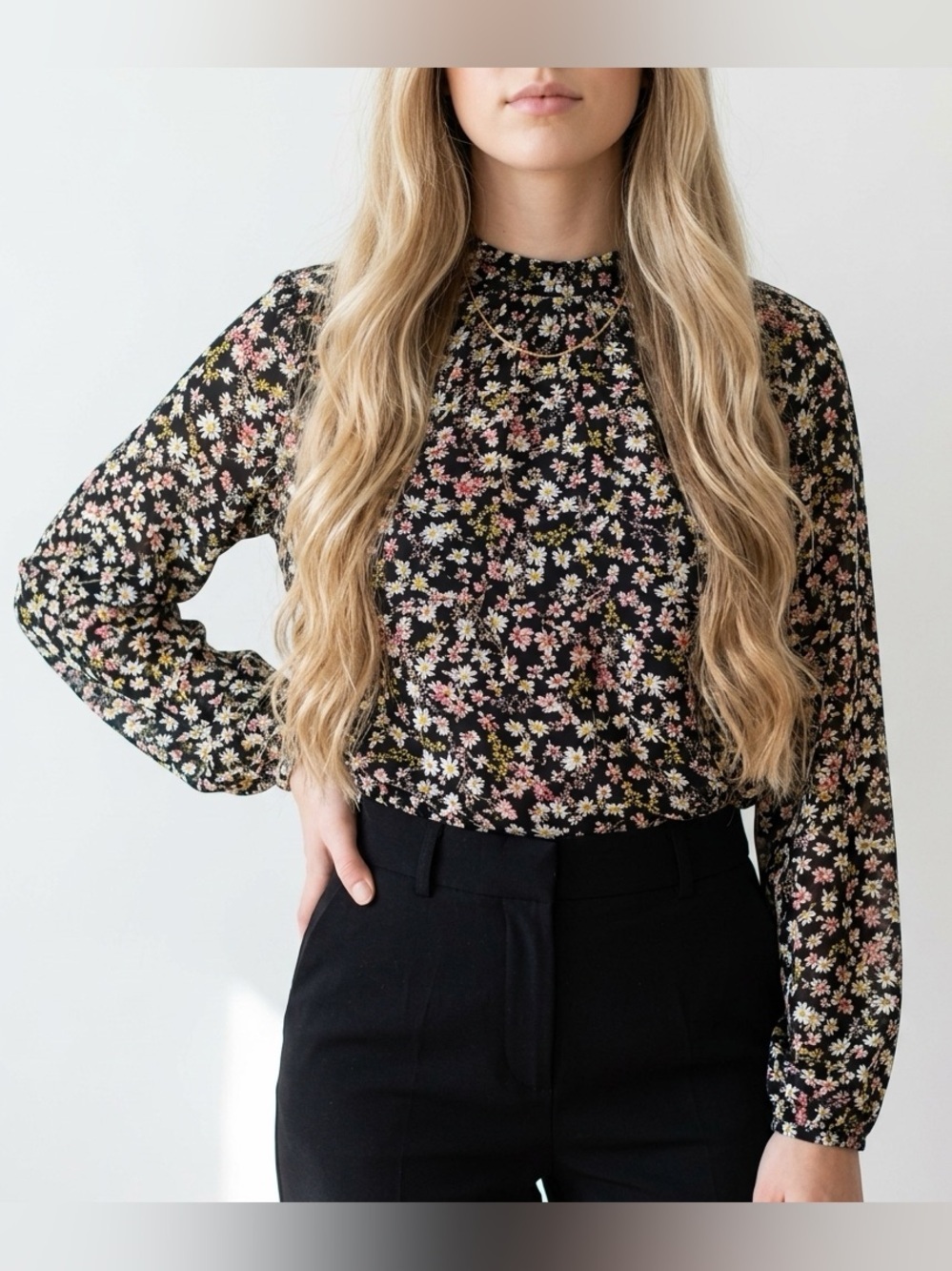 Loft black floral smocked neck garden party keyhole back long sleeve blouse